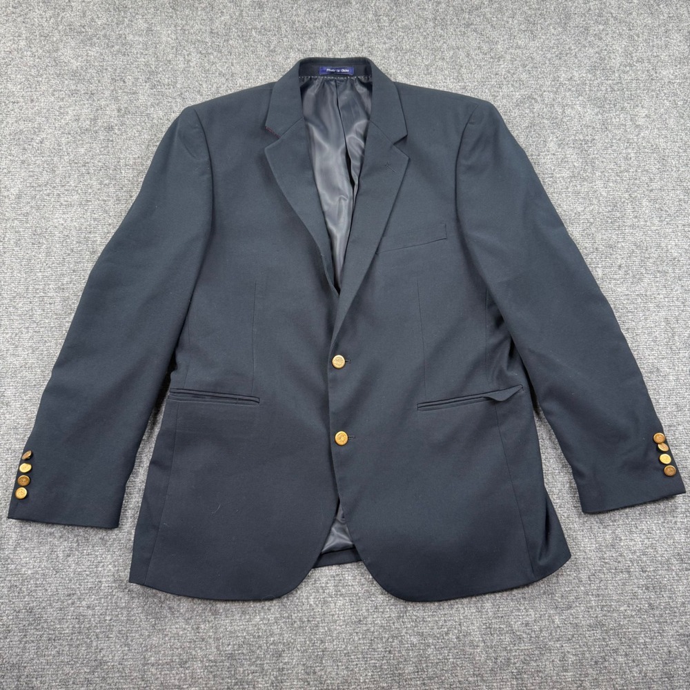 Alan‎ Flusser Blazer 42R Navy Blue Gold Crest Button Two Button Jacket Womens